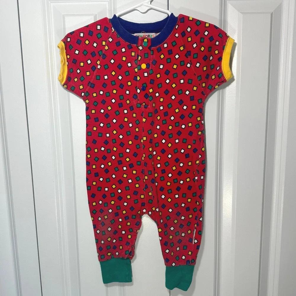 Gymboree Romper Infant Red Geometric Print Vintage Colorblock 90s Red Blue